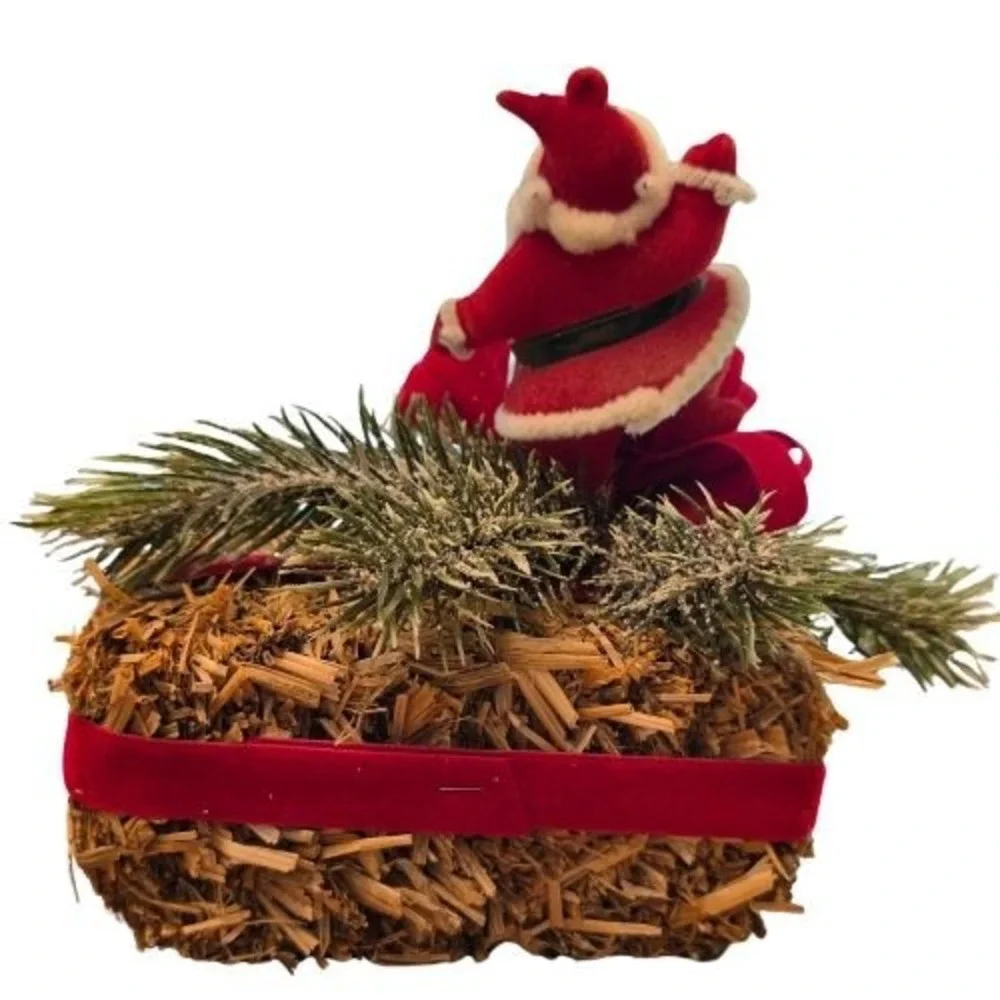 Vintage Flocked Santa Claus on Straw Hay Bale Christmas Centerpiece Red Velvet